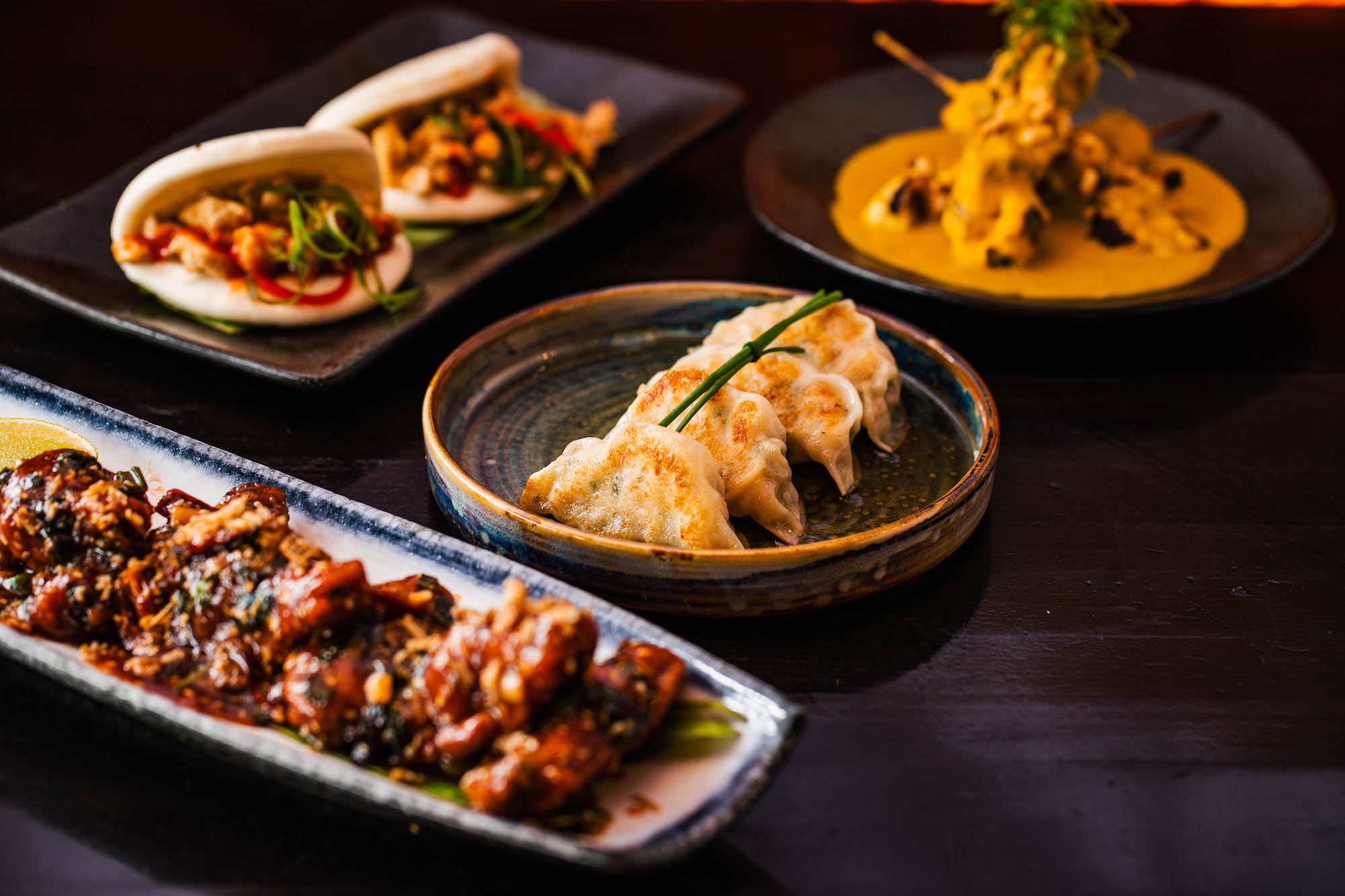 Chicken gyoza, spicy chicken bao, wings and skewers at Aluna